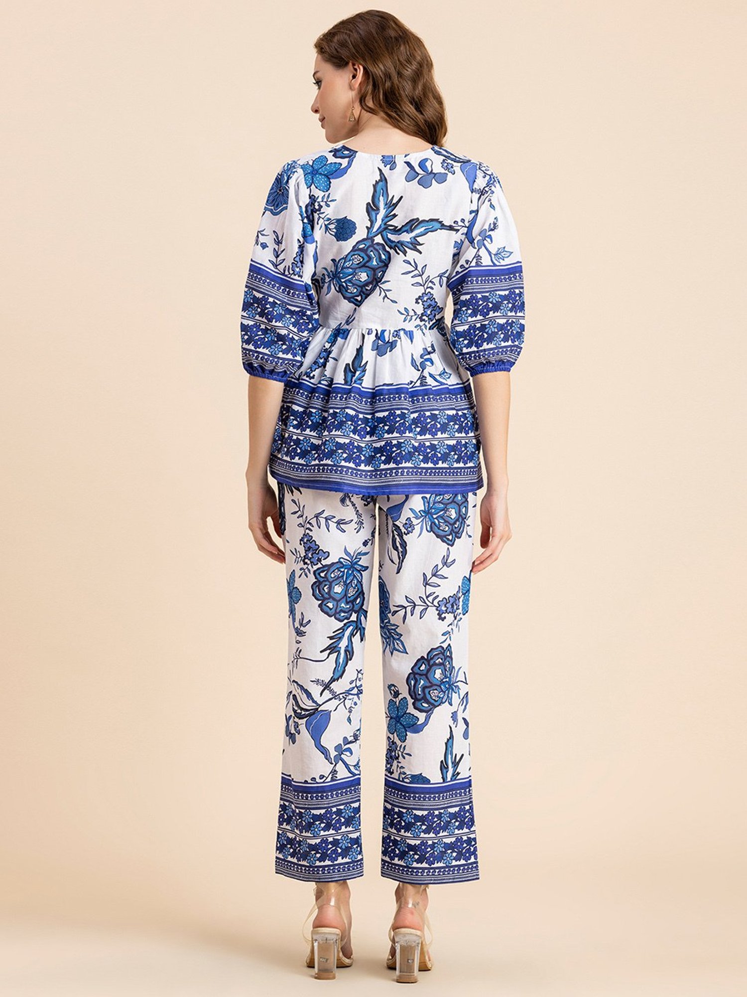 Moomaya White & Blue Cotton Floral Print Top With Pants