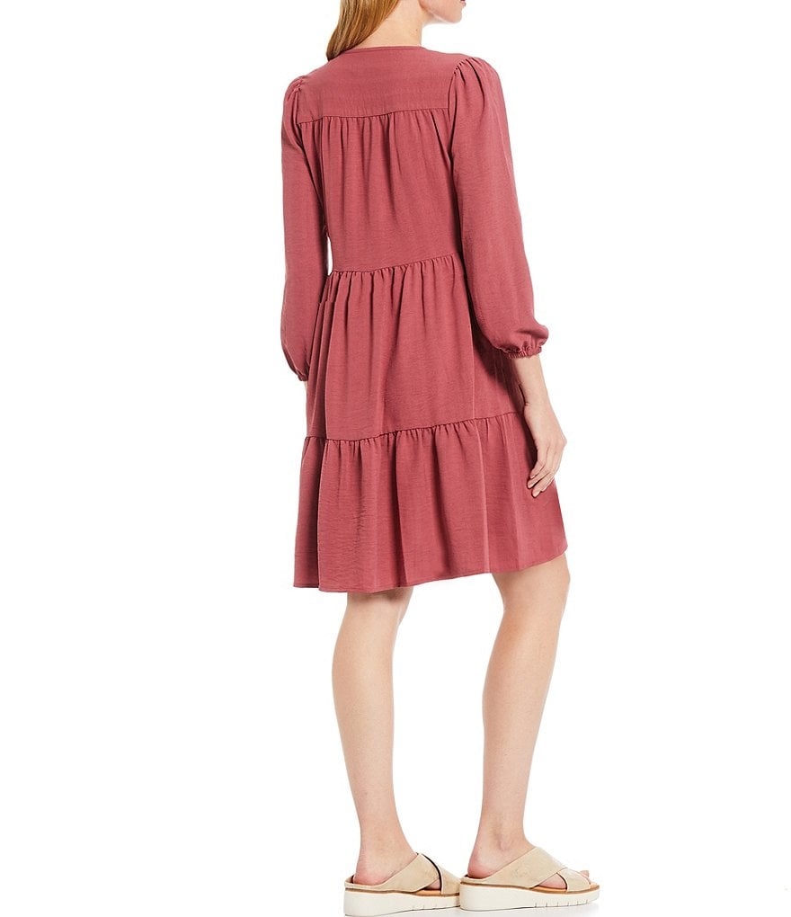 Maggy London Petite Size Long Sleeve Front Tie Tiered Dress