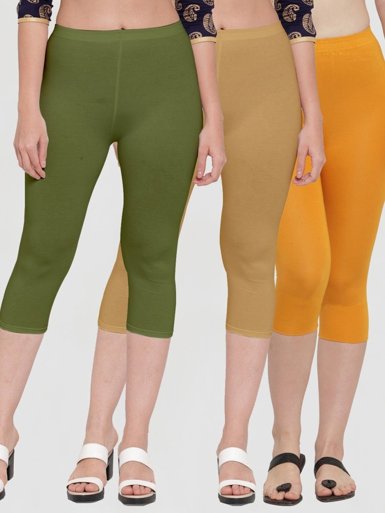 Gracit Green & Beige Mid Rise Capris - Pack Of 3
