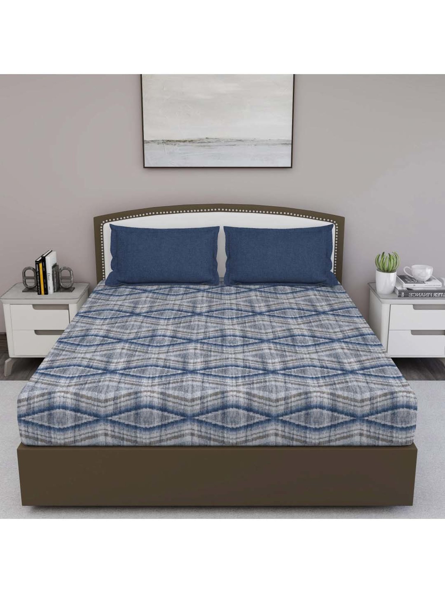 GM 'Fiesta' Navy Cotton 180 TC Double Bedsheet with 2 Pillow Covers