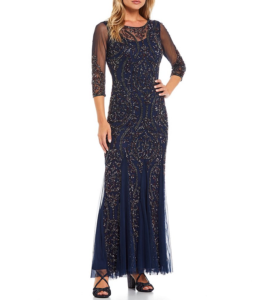 Pisarro Nights Beaded Illusion Round Neck 3/4 Sleeve Long Dress