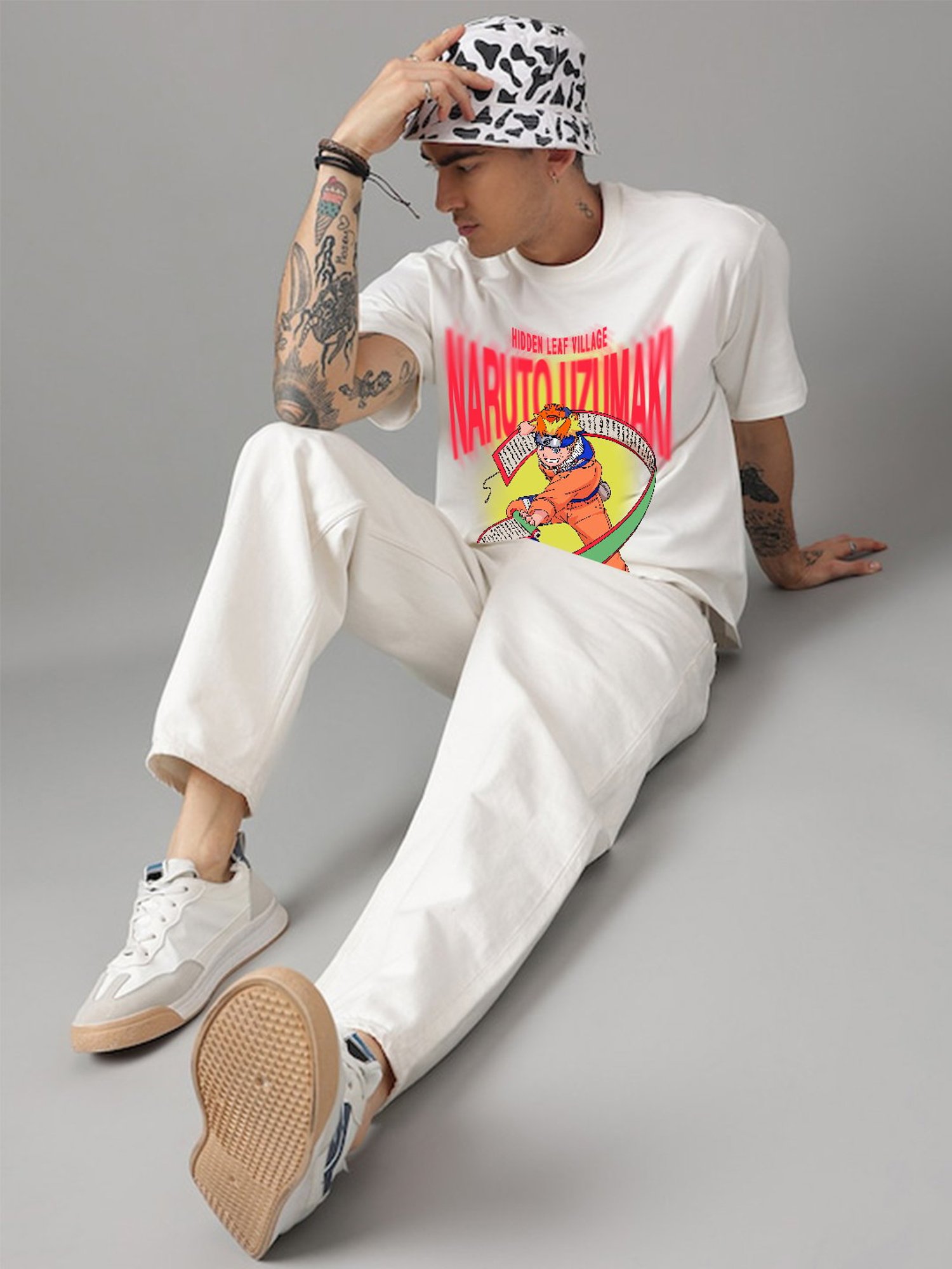 Free Authority White Loose Fit Naruto Printed Crew T-Shirt