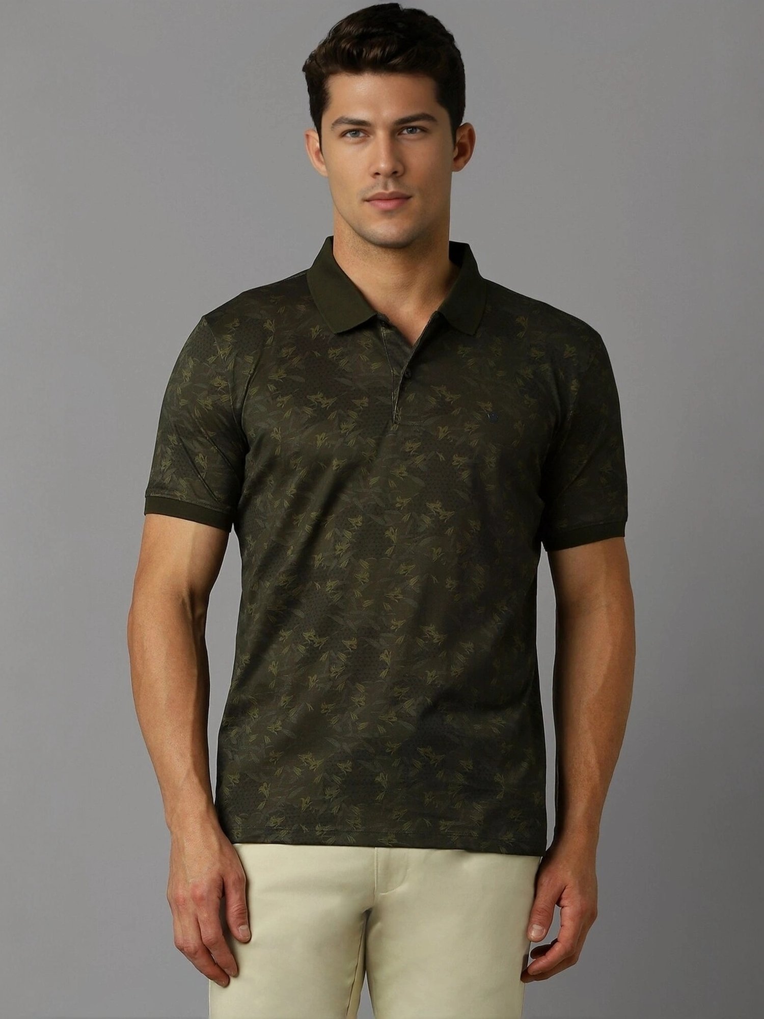 Louis Philippe Green Cotton Regular Fit Printed Polo T-Shirt