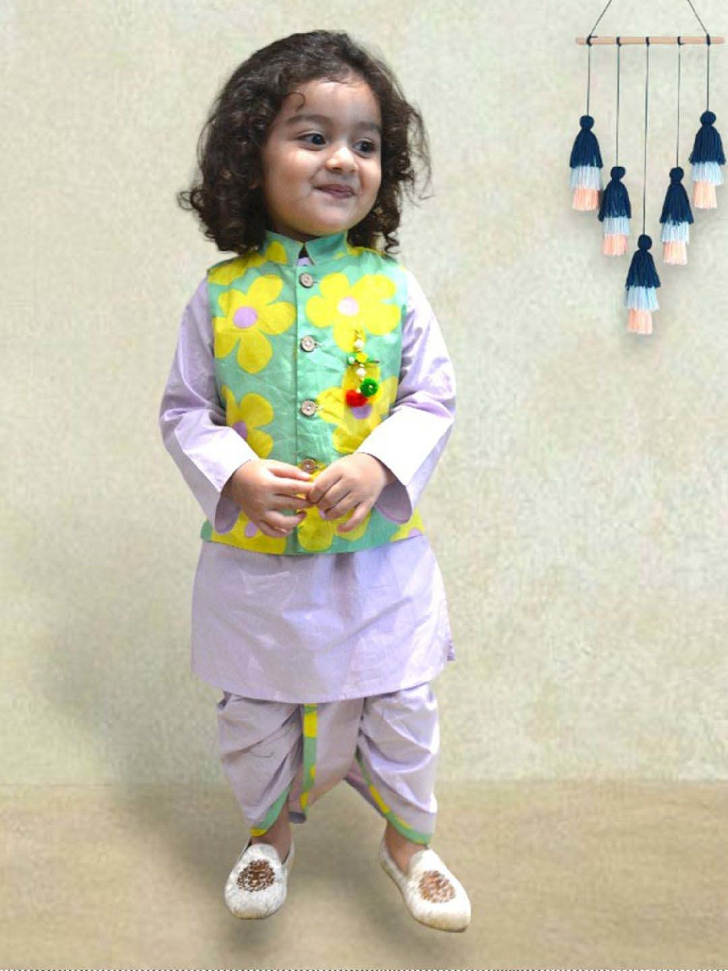 A.T.U.N. Boys Lavender & Green Cotton Printed Full Sleeves Kurta Set