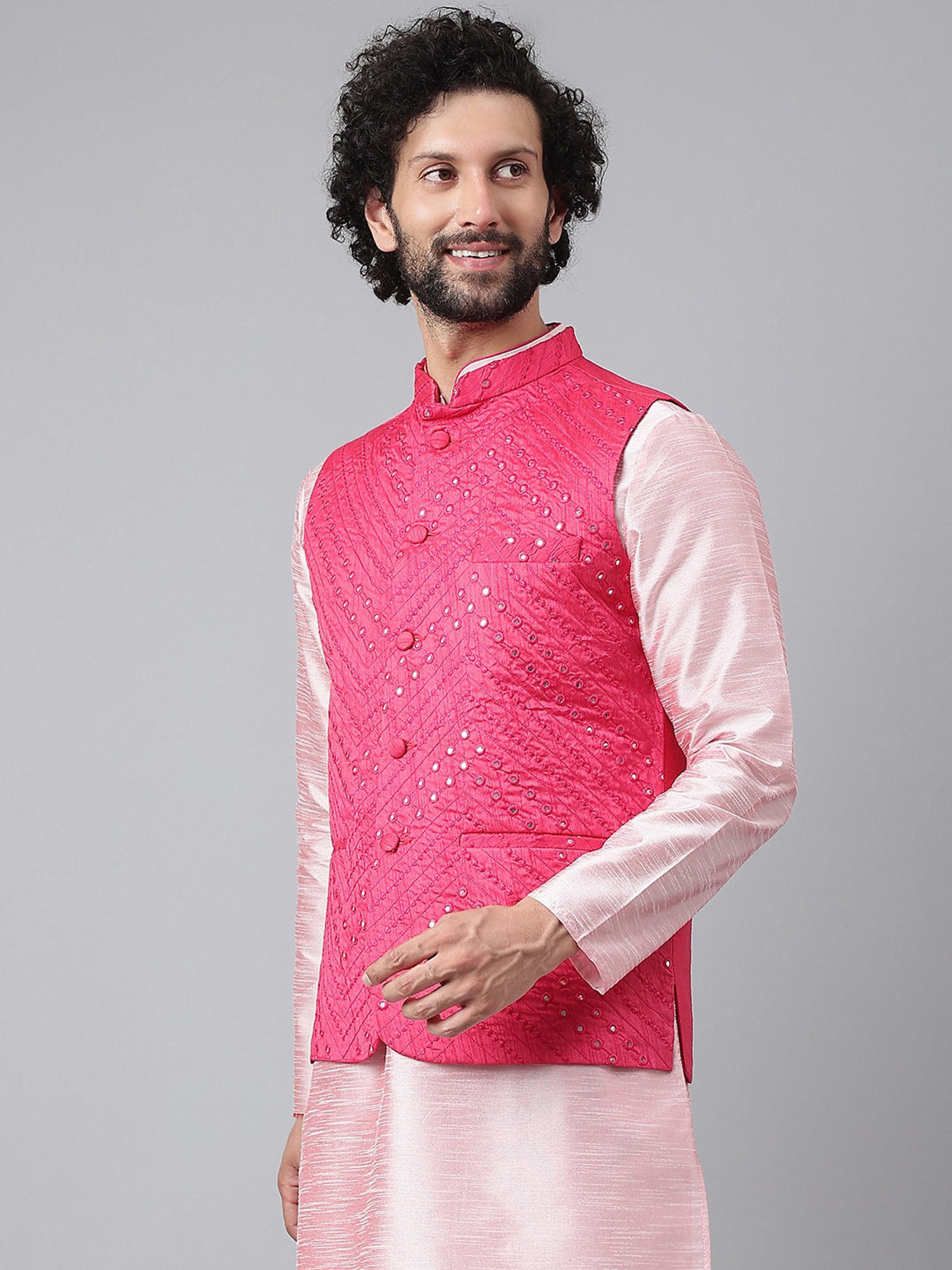 Hangup Plus Pink Regular Fit Embroidered Nehru Jacket