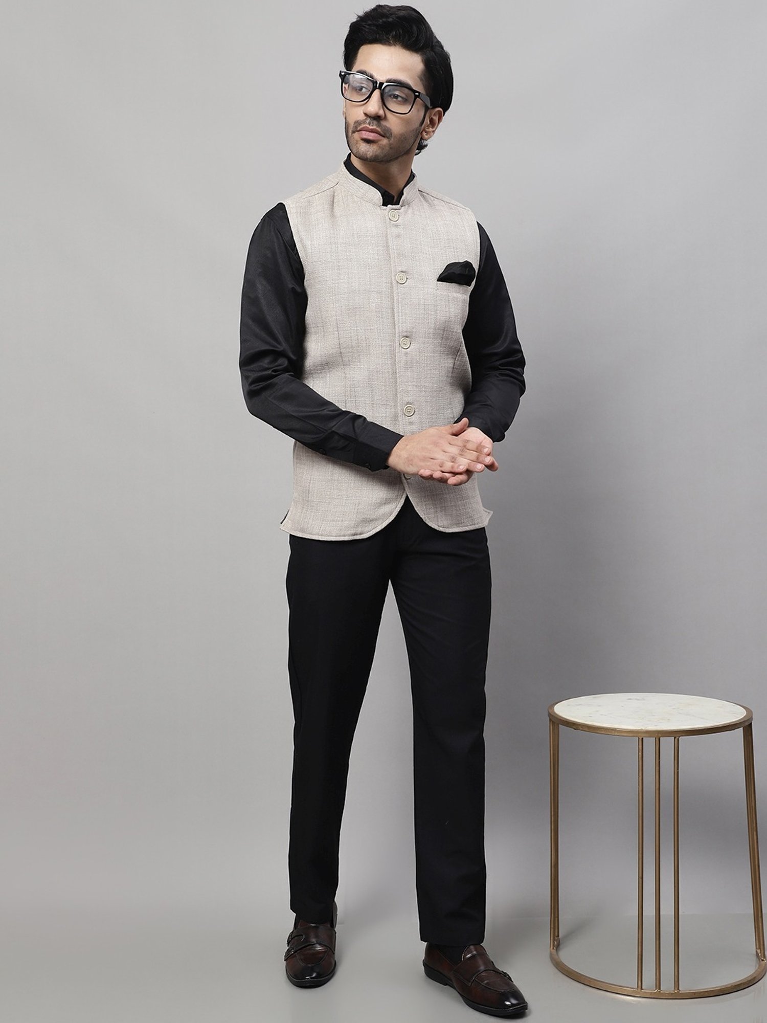 Even Beige Regular Fit Self Pattern Nehru Jacket