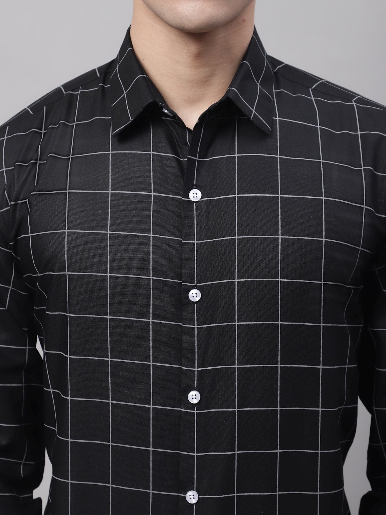 Jainish Black Cotton Regular Fit Checks Shirt
