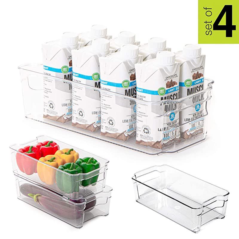 Stackable Refrigerator Bin 6 x 12 Inch wHandle BPA Free Polyethylene for Fridge Freezer Pantry Organization Kitchen Clear Set of 4