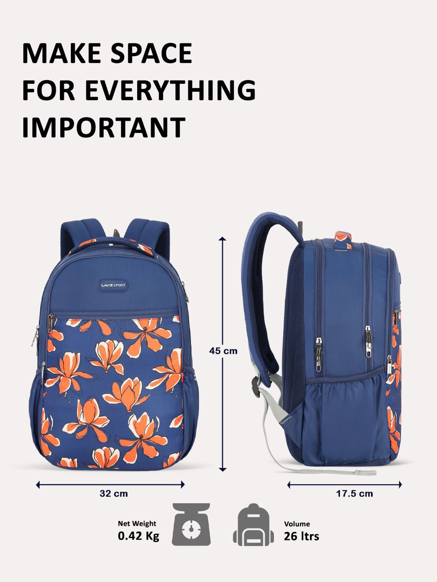 Lavie Sport Bloomy 26L Floral Printed School Backpack for Girls (Navy)