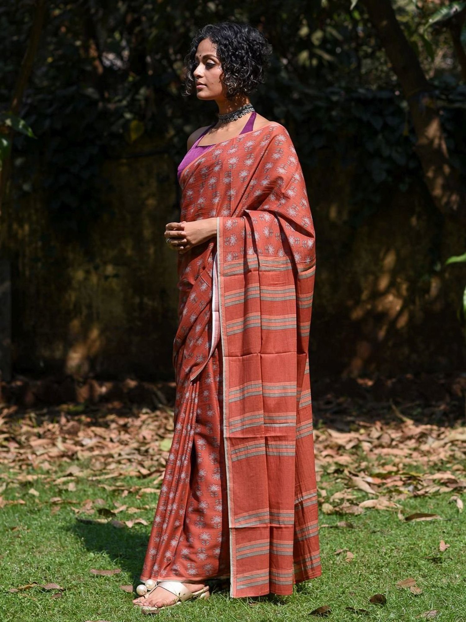 Suta Rust Cotton Floral Print Saree Without Blouse