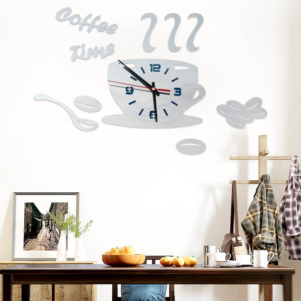 Coffee Cup Pattern Wall Clock Acrylic Clock Creative Wall Sticker Wall Paster Silver