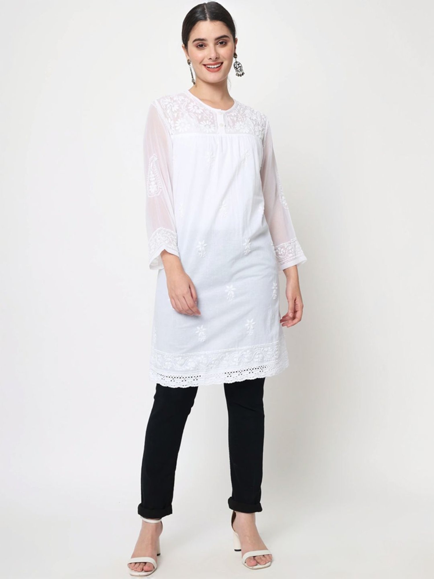 PARAMOUNT CHIKAN White Cotton Hand Embroidered Chikankari A Line Kurti