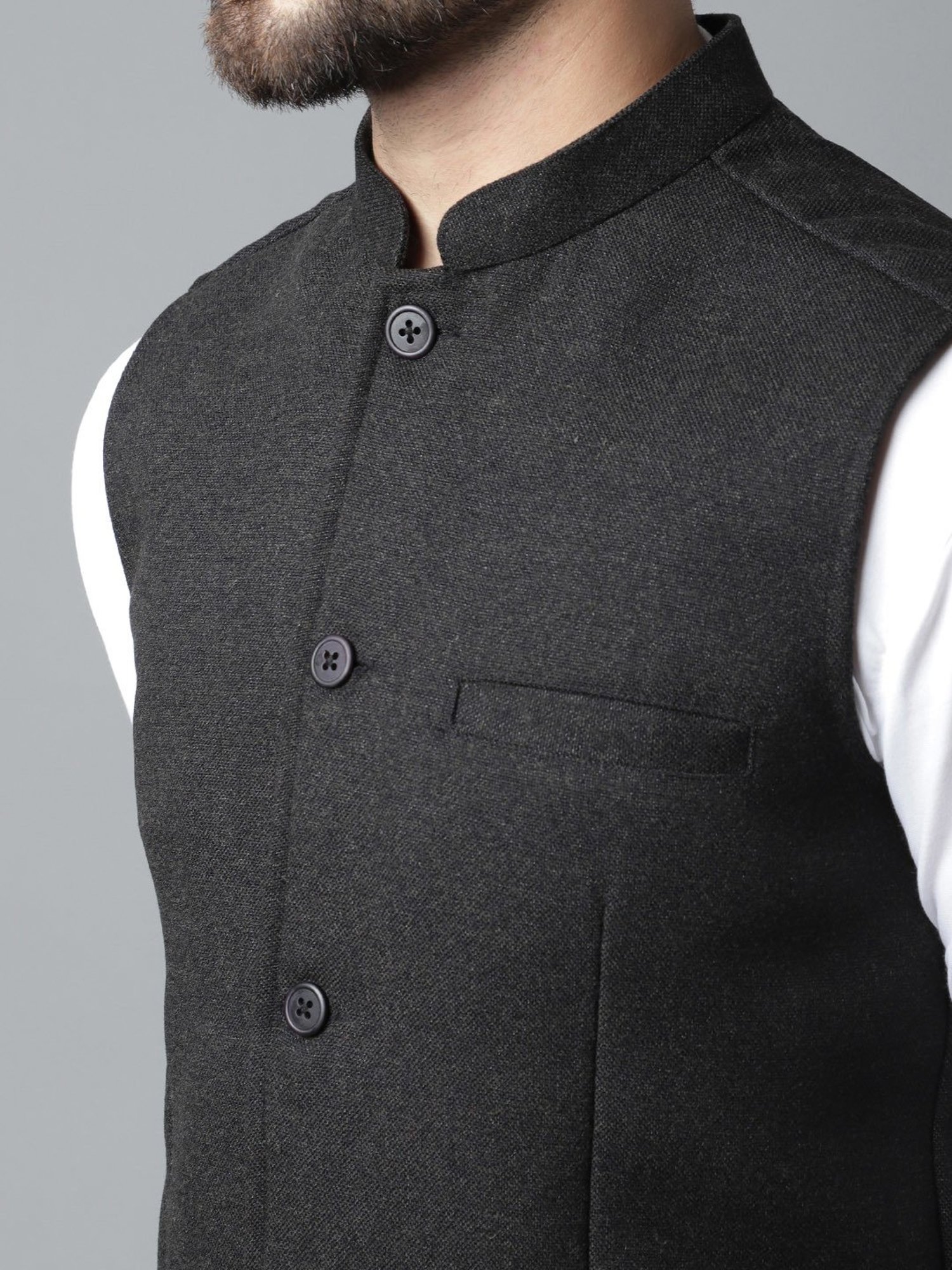 Even Black Regular Fit Mandarin Collar Nehru Jacket