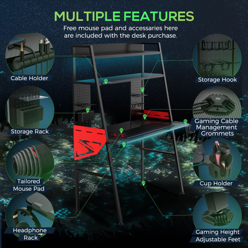 Eureka Ergonomic Colonel Series MGD-02 E-sport Gaming Desk with RGB Fiber Optic Lighting - All Within Your Reach