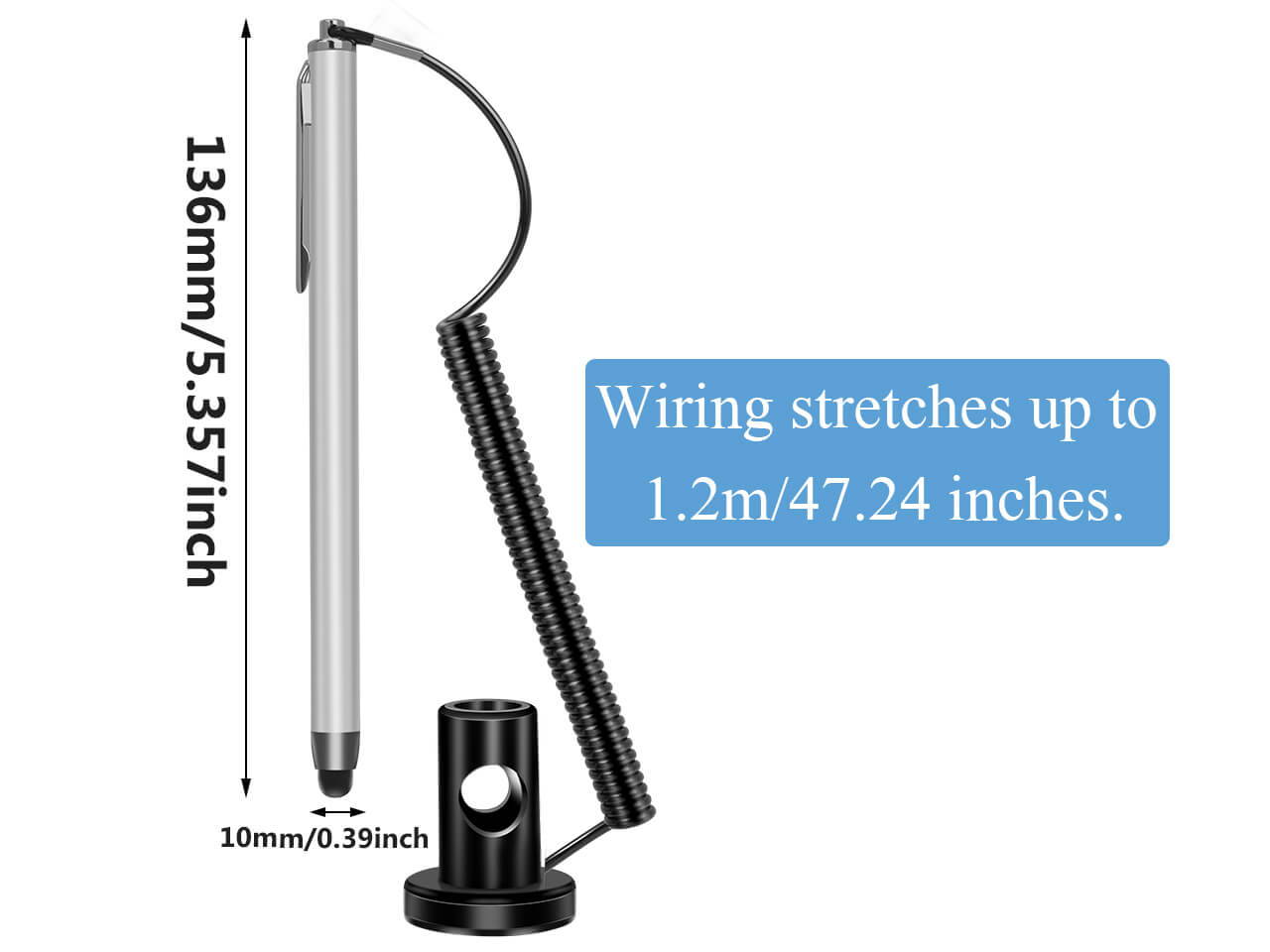 Stylus with chain and holder for touchscreens, capacitive screen device stylus, high reliability touchscreen pen. Sensitivity of the pen is ensured by the use of low-impedance materials