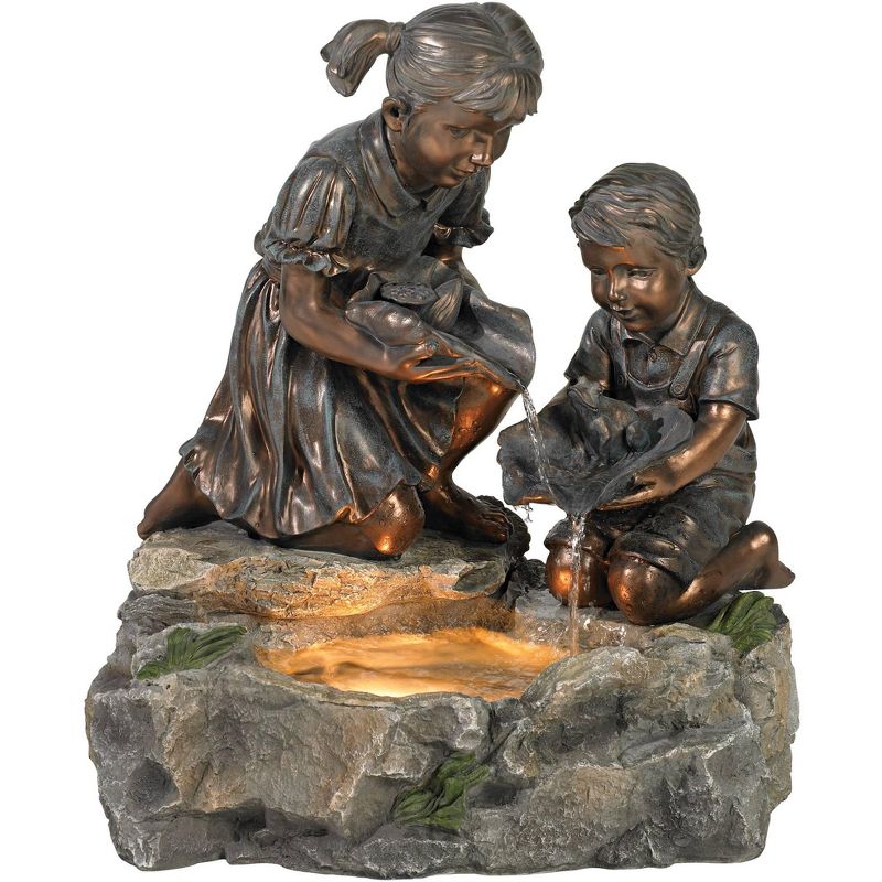 John Timberland Outdoor Floor Water Fountain with Light 23 1/2" High Cascading Girl and Boy with Lily Pad Yard Garden Patio Deck