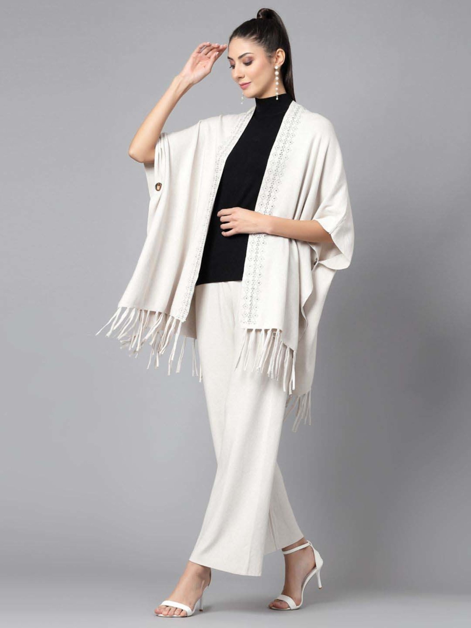 Mafadeny White Embellished Top Pants Set With Shrug