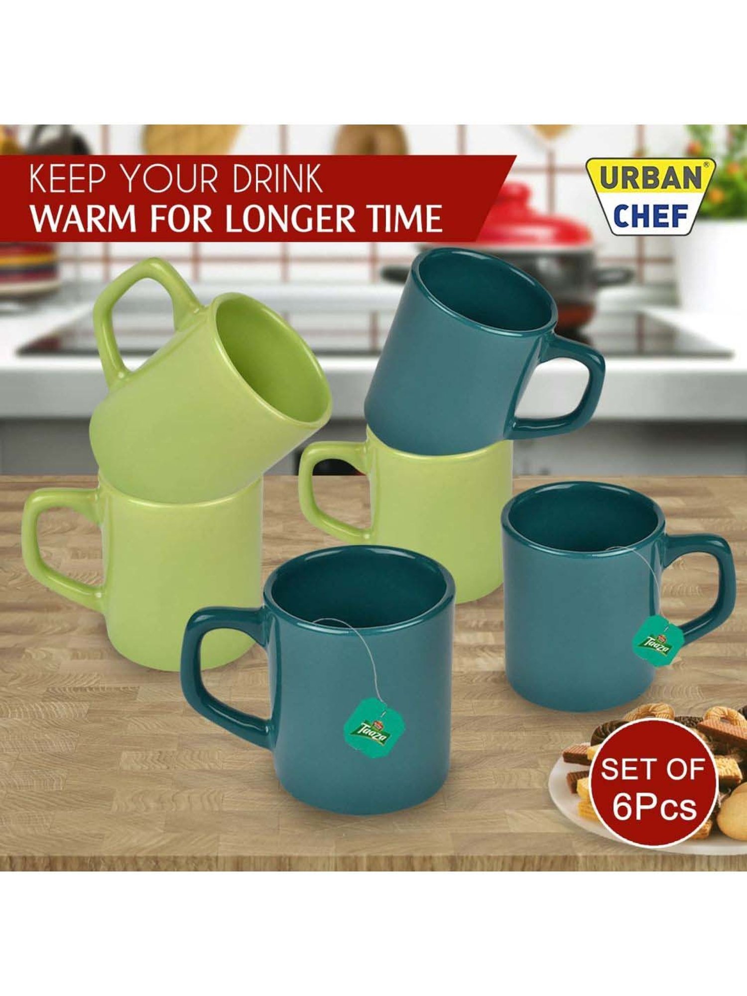 Urban Chef Dark Green & Parrot Green Ceramic Droite Handcrafted Microwave Safe Cup - Set of 6