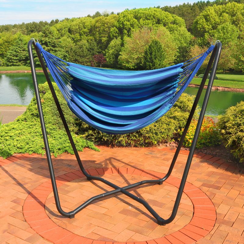 Sunnydaze Hanging Rope Hammock Chair Swing with Space-Saving Stand - 330 lb Weight Capacity - Beach Oasis