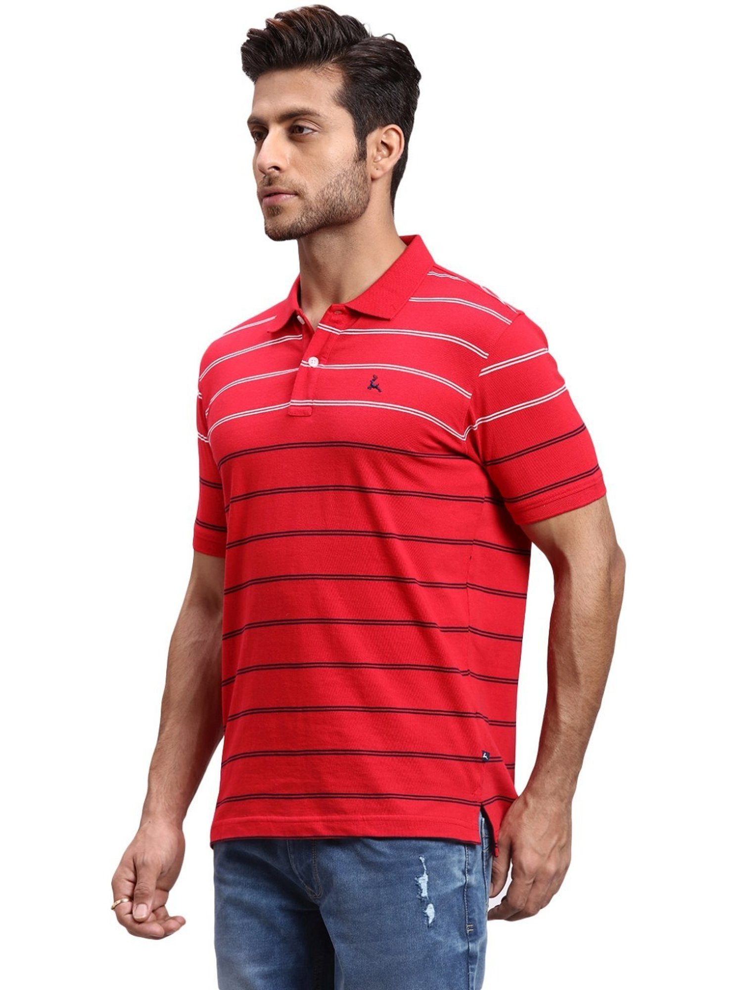 Parx Red Regular Fit Striped Polo T-Shirt