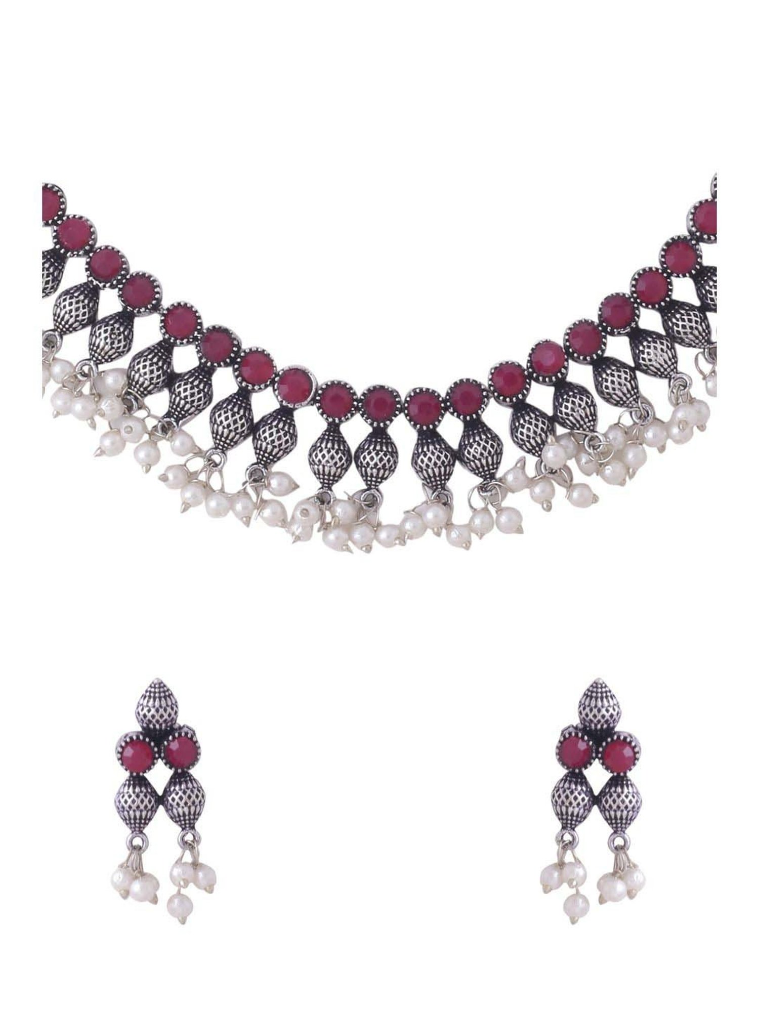 NVR Silver-Plated Stone Studded Oxidized Silver Jewellery Set for Women