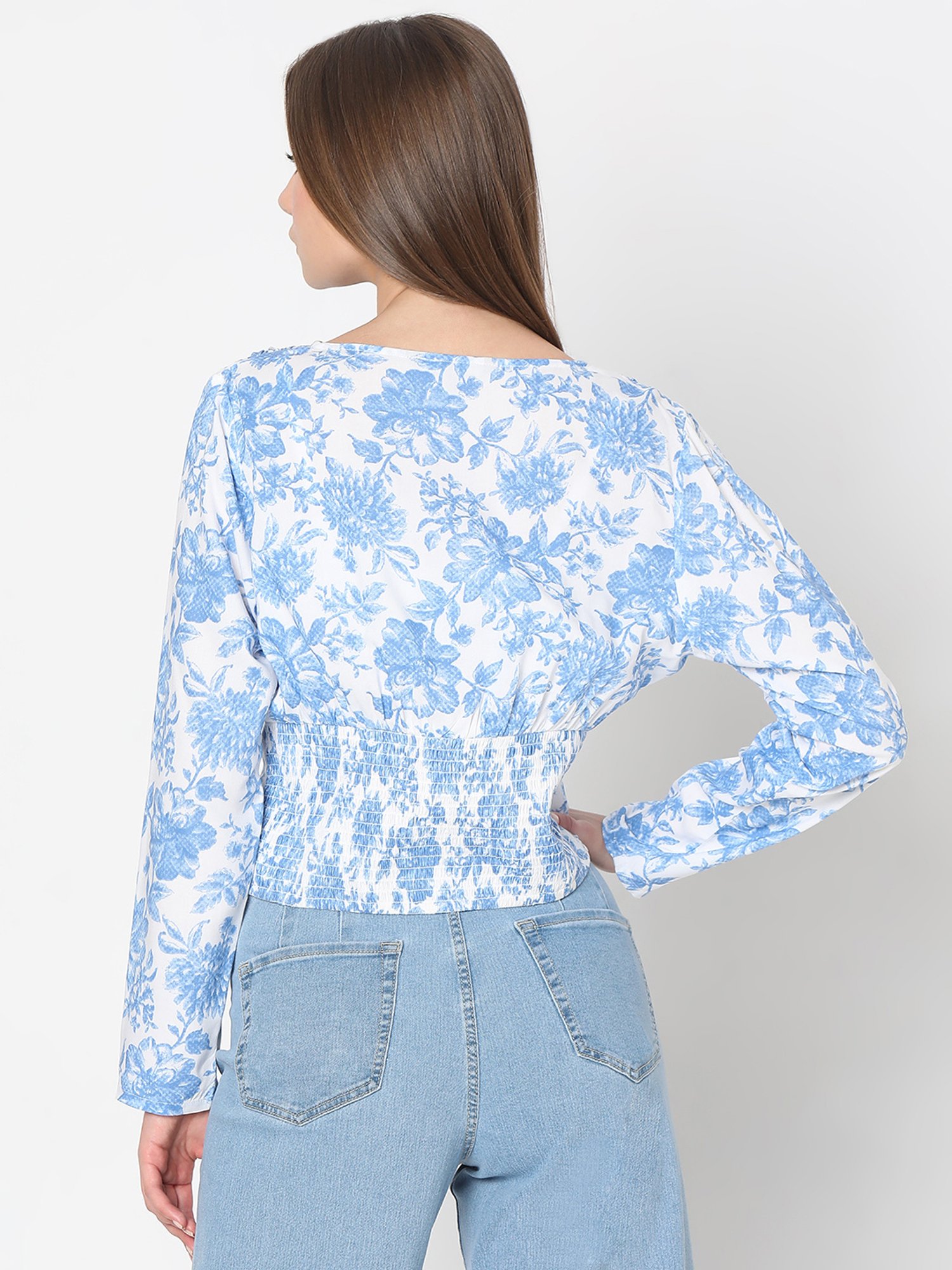 Vero Moda Blue & White Floral Print Crop Top