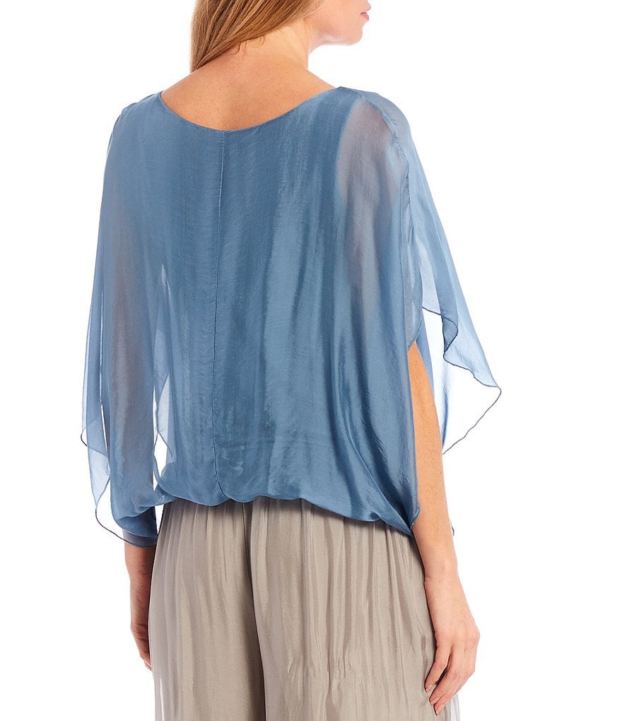 M Made in Italy Silk Blend Scoop Neck Short Flutter Sleeve Poncho Top