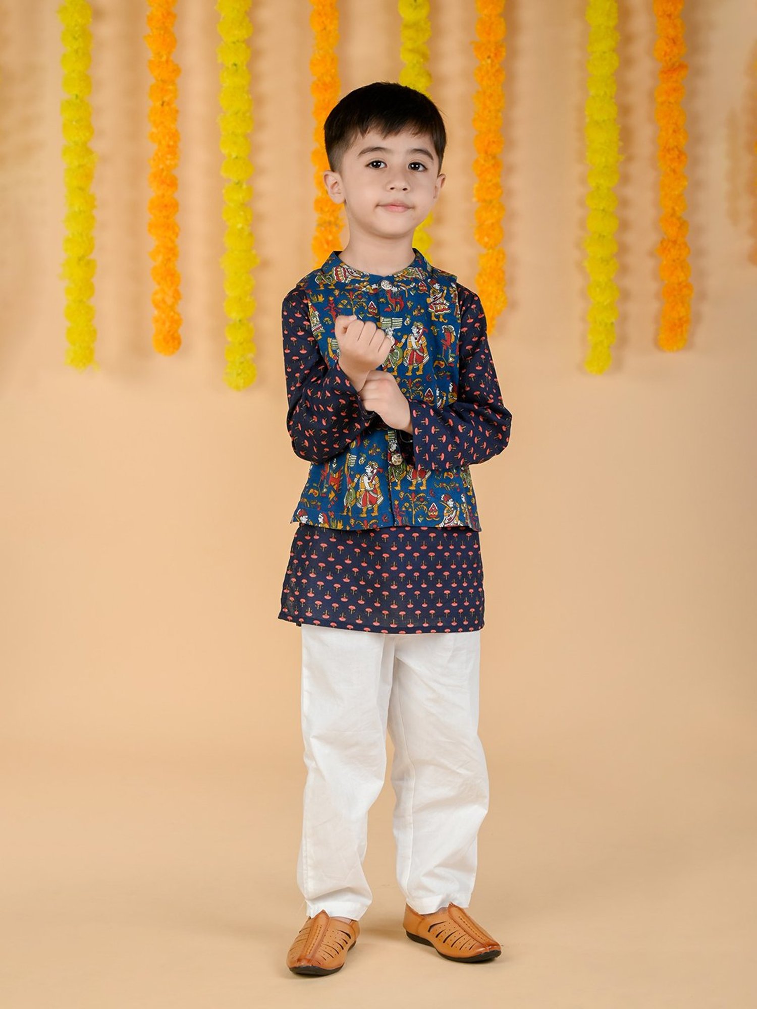Budding Bees Kids Blue & Off White Printed Full Sleeves Kurta, Jacket with Pyjamas