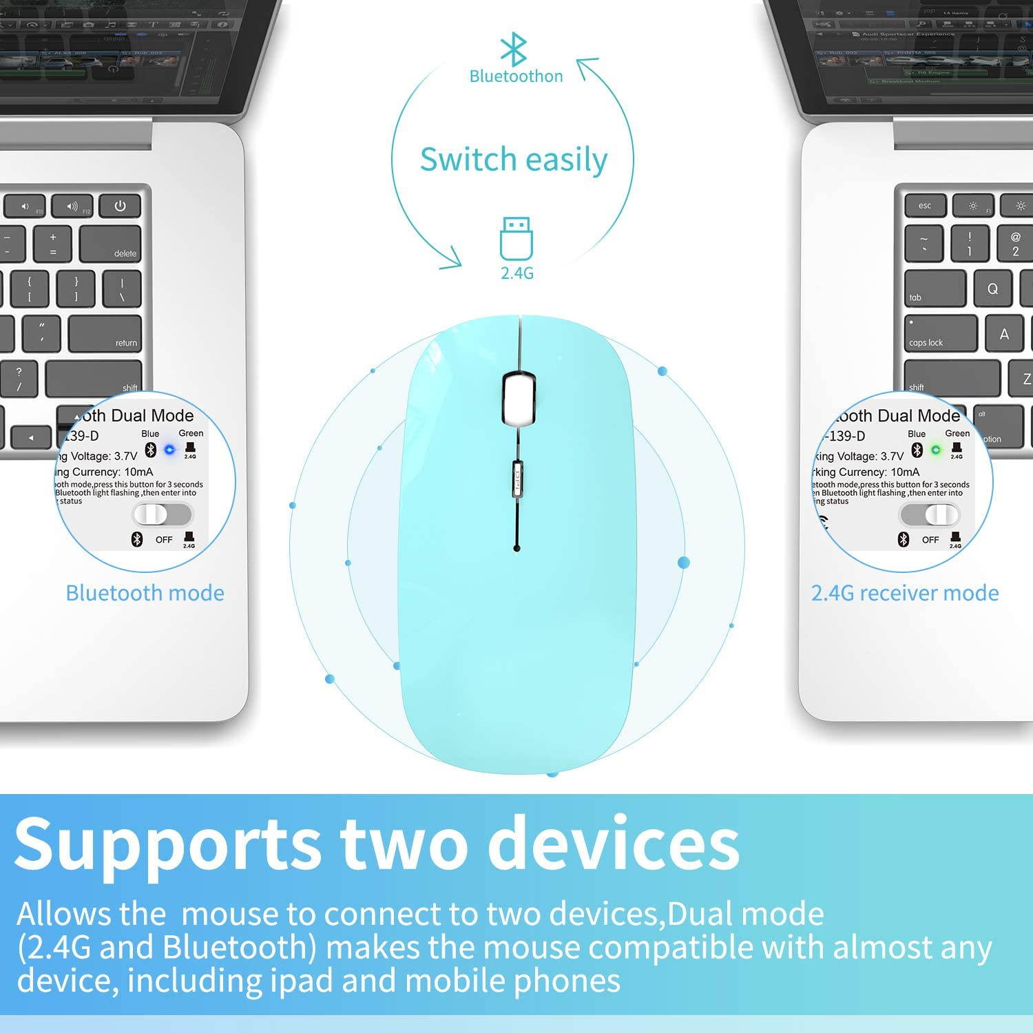 2.4GHz Wireless Bluetooth Mouse, 3 Adjustable DPI, Dual Mode Slim Rechargeable Wireless Mouse Silent USB Mice,Compatible for Laptop Windows Mac Android MAC PC Computer (Silver)