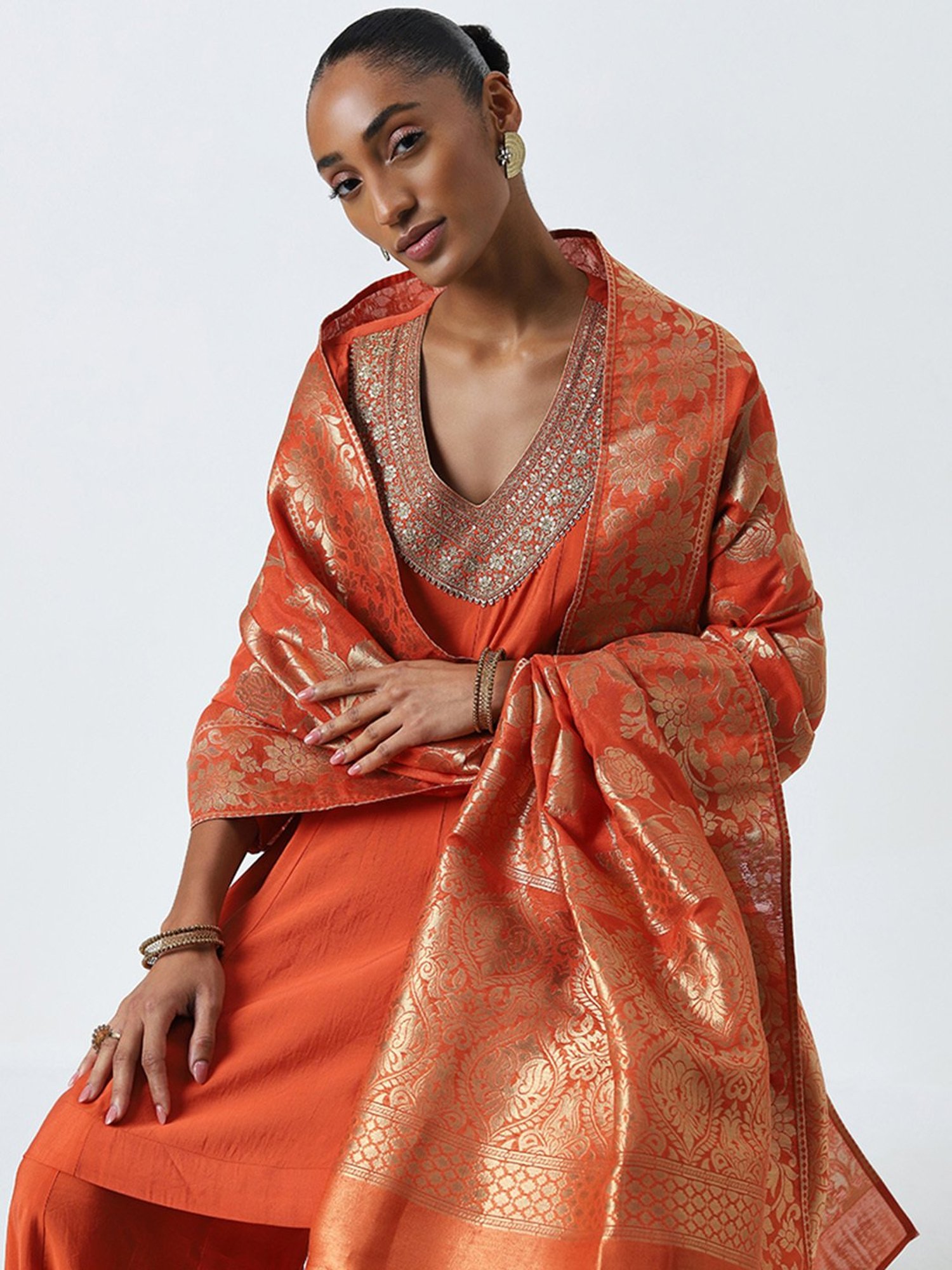 Vark by Westside Orange Embellished Kurti, Palazzos and Dupatta Set