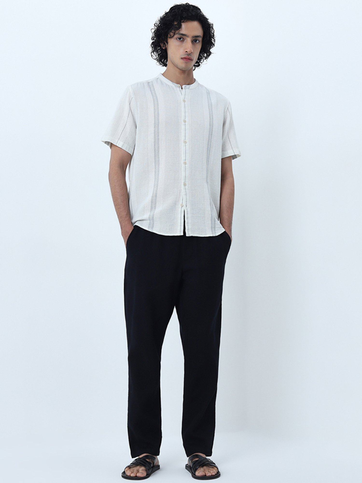 ETA by Westside Light Teal Striped Knitted Resort-Fit Cotton Shirt