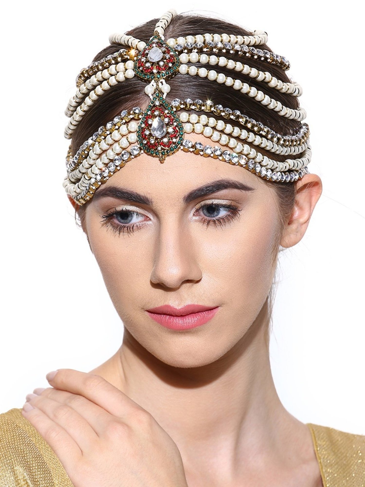 Zaveri Pearls Antique Gold Tone Multi Strand Bridal Pearls Matha Patti-ZPFK2914