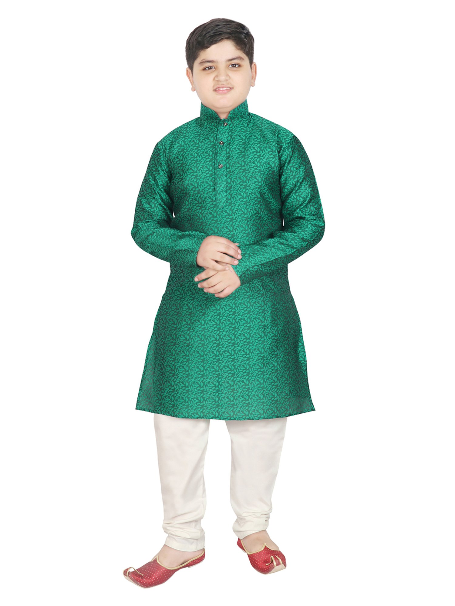 SG Yuvraj Kids Green & White Embroidered Full Sleeves Kurta with Pyjamas