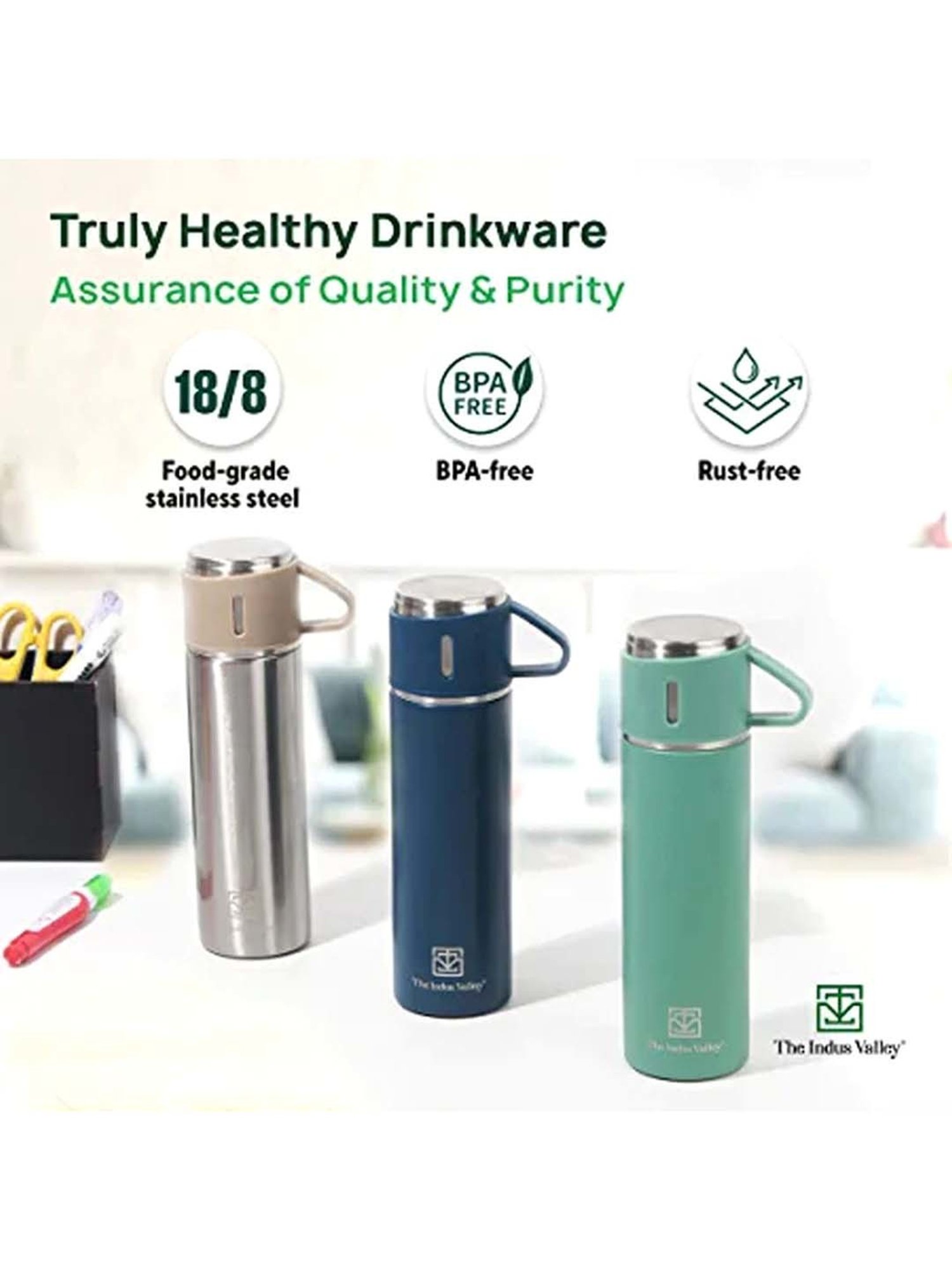 The Indus Valley Green Stainless Steel Vaccum Insulated Flask With Drinking Mug (0.5 L)
