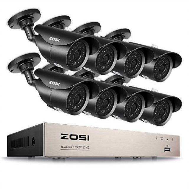 zosi full 1080p hdtvi 8ch security camera system, ,8 channel 4in1 home surveillance dvr and 8 hd 2.0mp 1920tvl outdoor/indoor cctv cameras, ,42pcs ir leds 120ft night vision, no hard drive