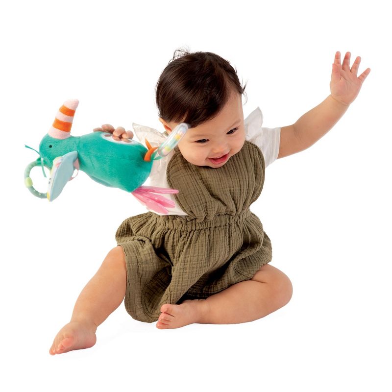 Manhattan Toy Fantasy Bird Clip-on Baby Travel Toy with Baby-Safe Mirror, Ring Rattle and Teether