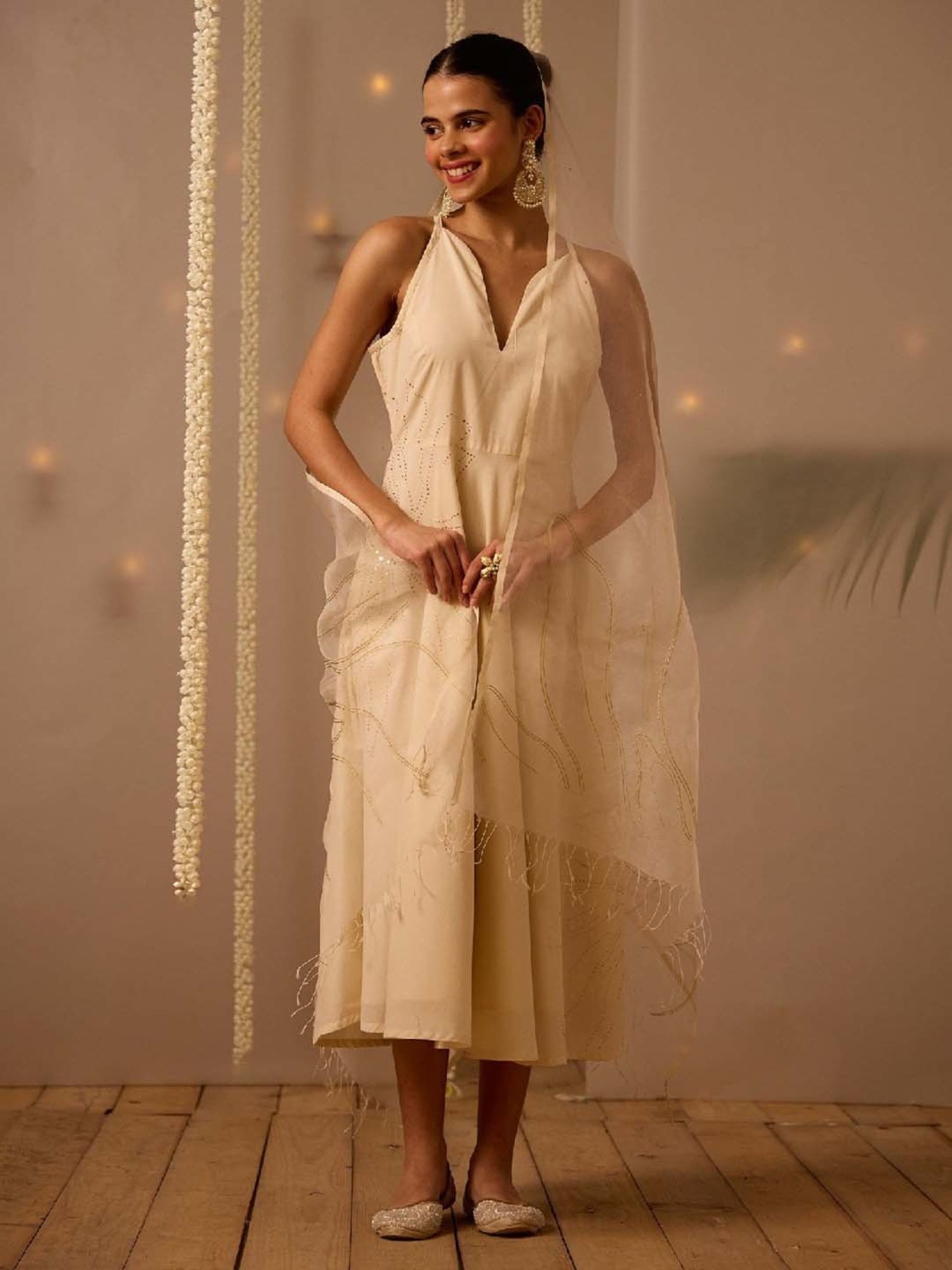 Okhai Off White Embellished Ethnic Dress With Dupatta