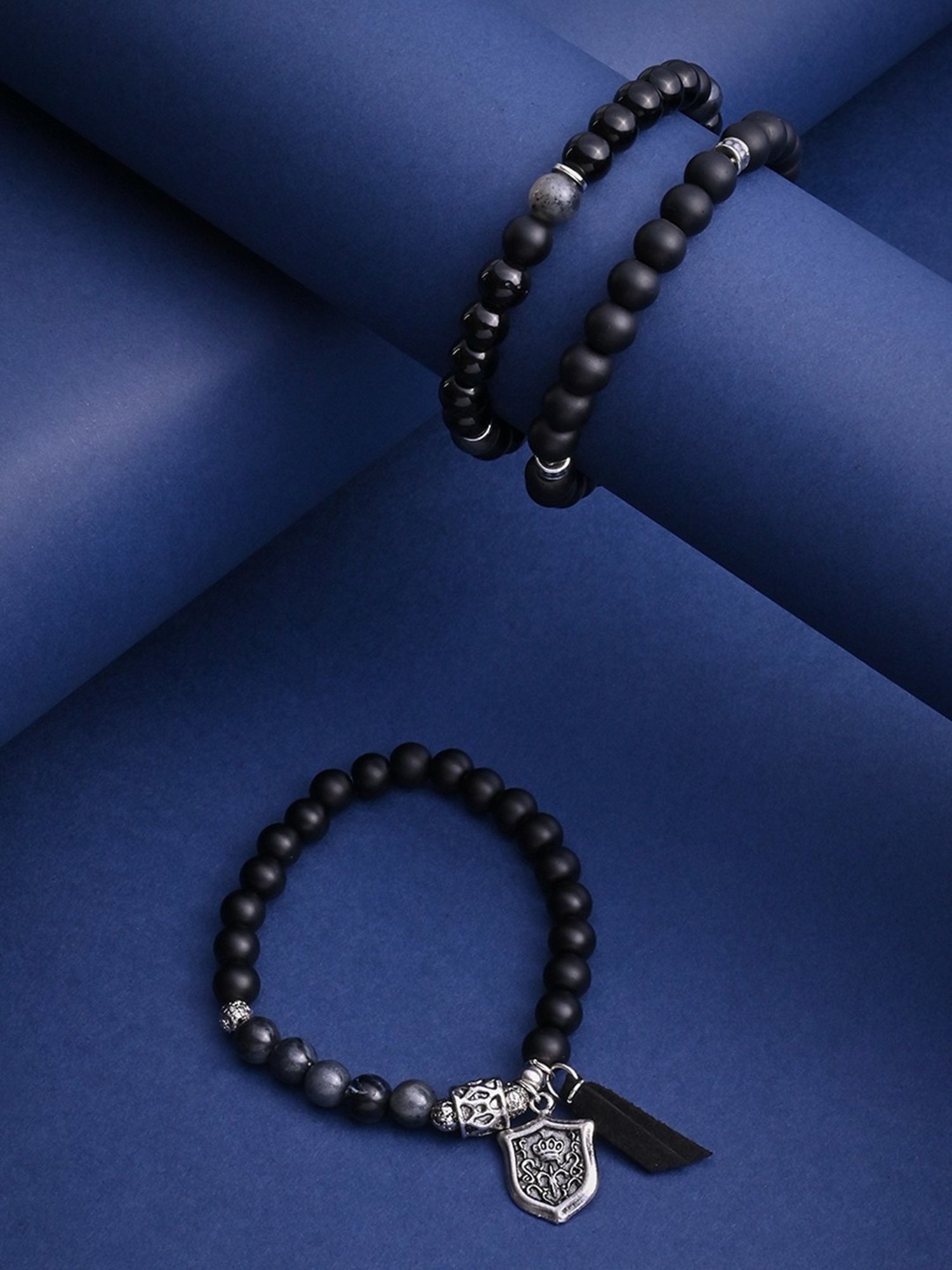 The Bro Code Black Casual Party Men's Beaded with Charm Stack Bracelet - Set of 3