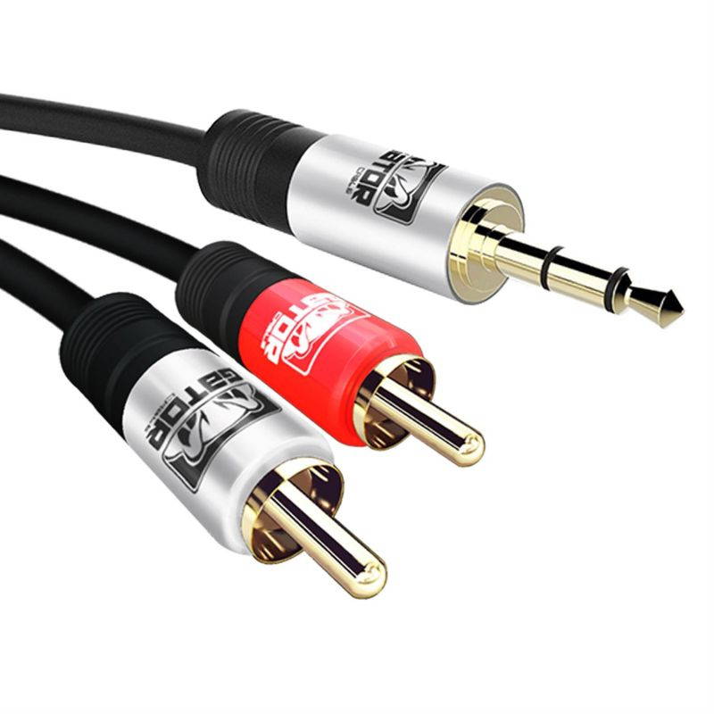 GATOR CABLE AUX to 2 RCA cable - SILVER/RED-SILVER - 6 FT - Gold Plated Connectors - Auxiliary 3.5mm Audio Plug Stereo Phone Cable Cord