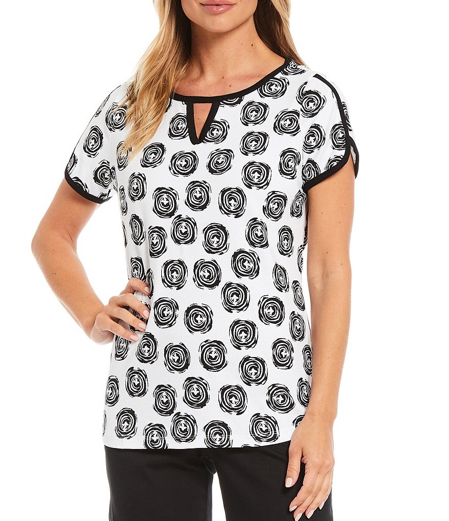 Allison Daley Petite Size Spiral Dot Print Binding Trim Short Sleeve Crew Neck Keyhole Top