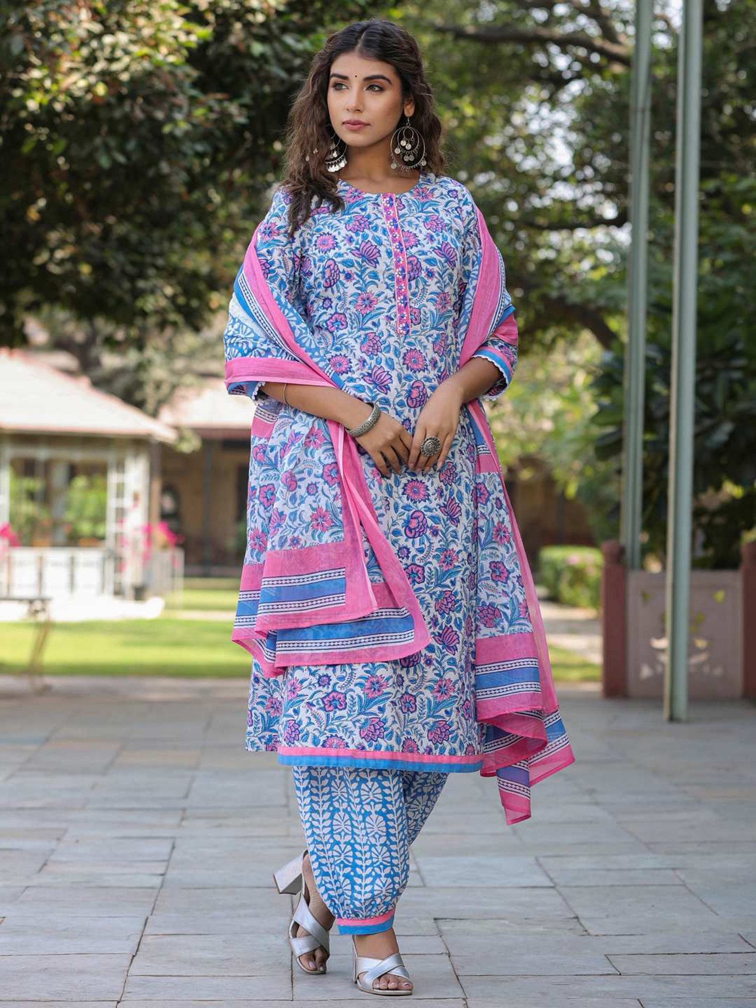 Rain and Rainbow Blue Cotton Embroidered Kurta & Salwar Set With Dupatta
