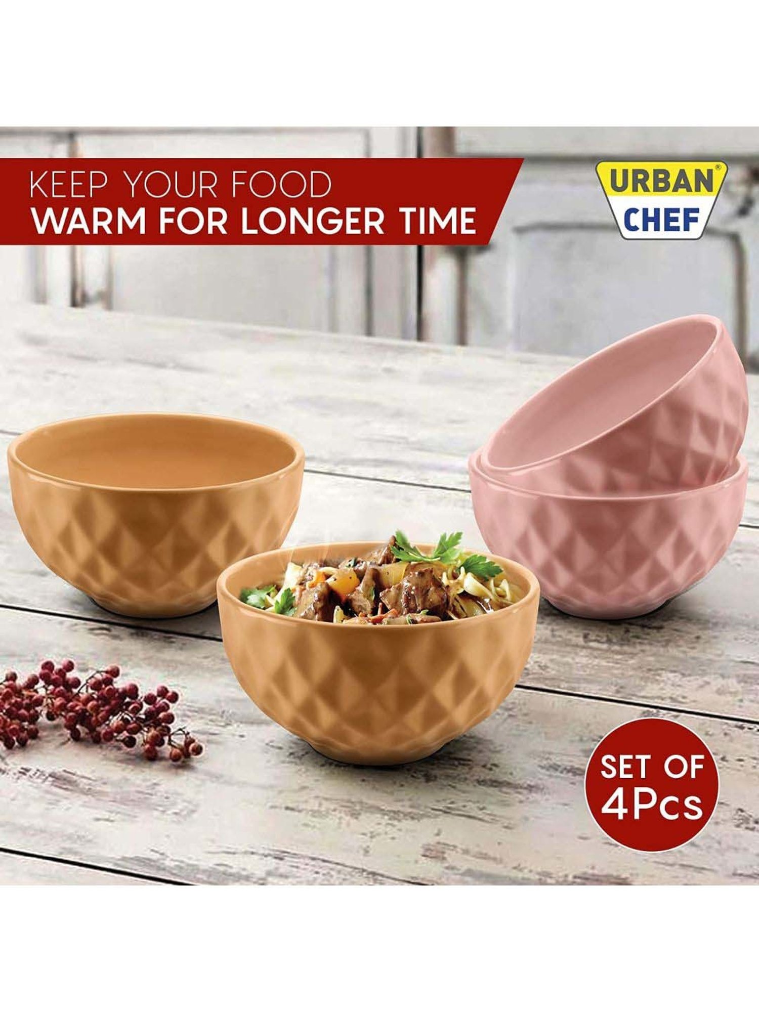Urban Chef Pink & Brown Ceramic Handcrafted Microwave Safe Bowl (0.5 L) - Set of 4