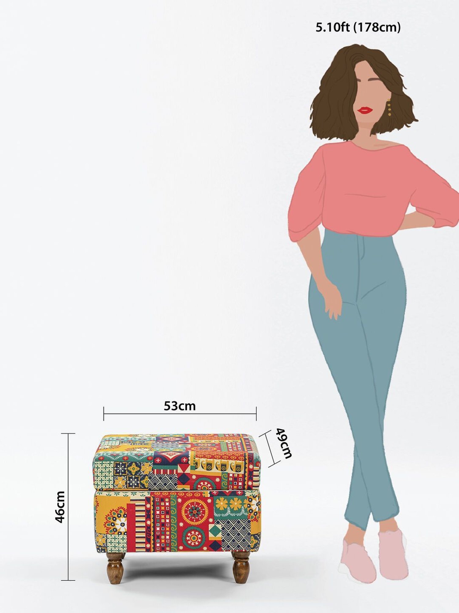 Chumbak Swirls Printed Red Sheesham Wood Modern Trunk Storage Ottoman