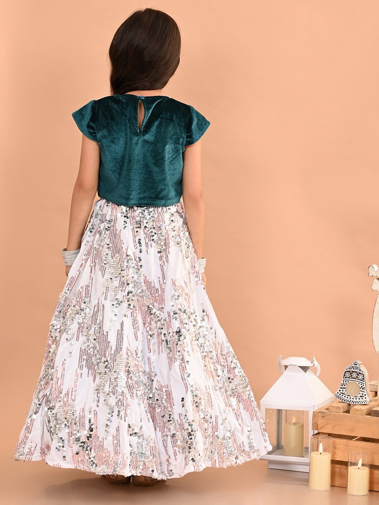 LilPicks Kids Green & White Embellished Lehenga with Choli