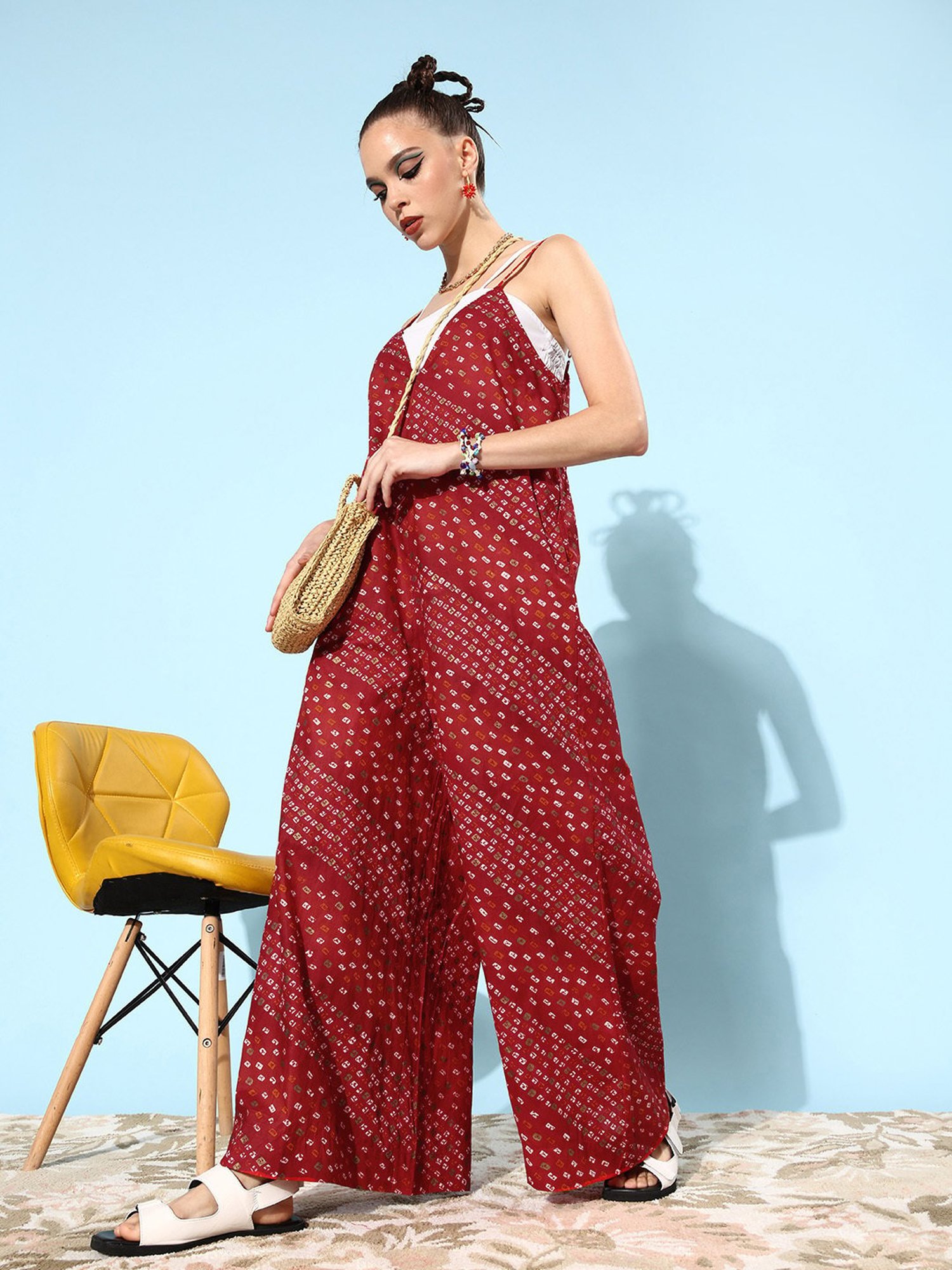 QUIERO Red Cotton Printed Jumpsuit