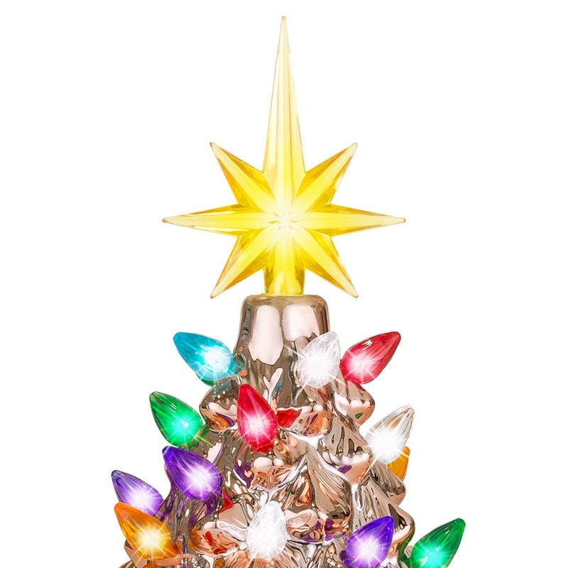Best Choice Products 9.5in Pre-Lit Hand-Painted Ceramic Tabletop Christmas Tree w/ Lights, 3 Star Toppers - Rose Gold