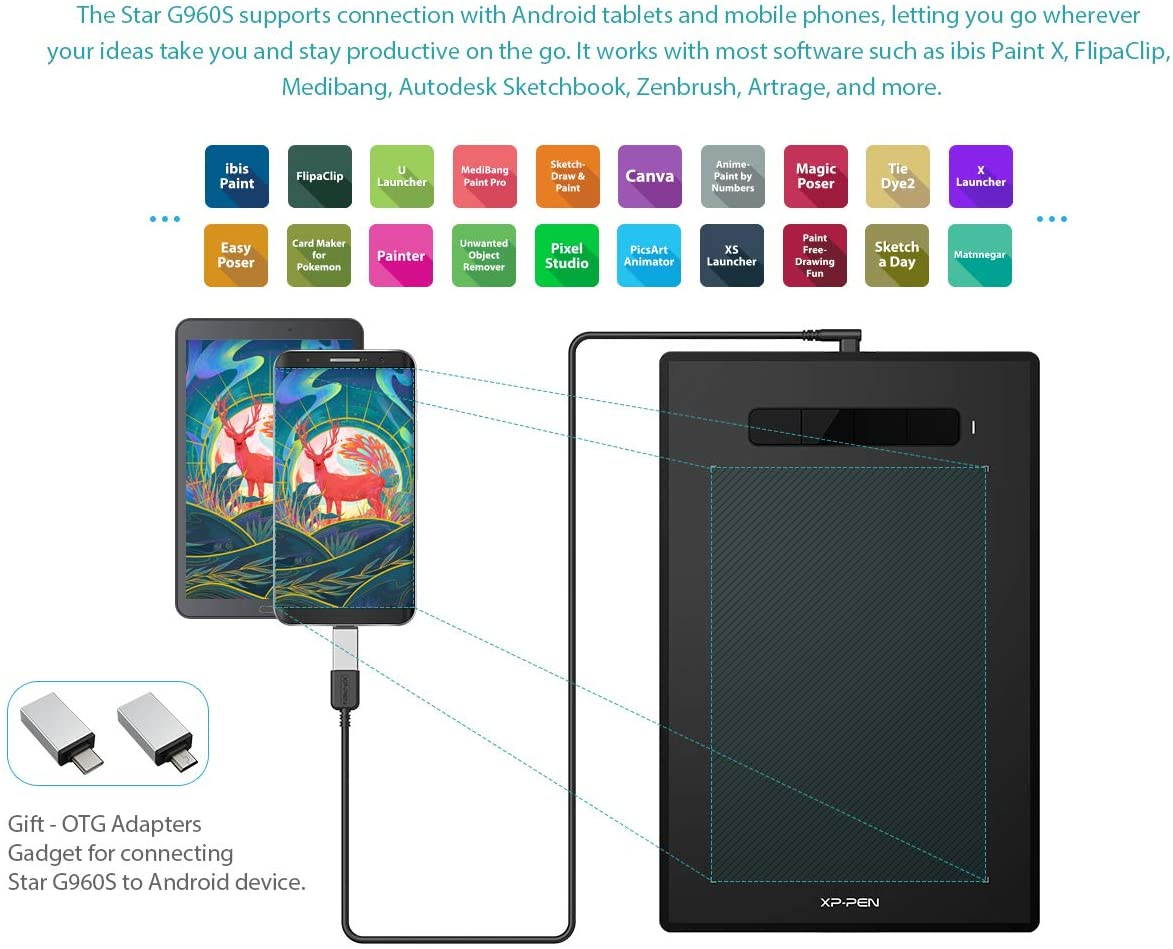 XP-PEN Star G960S Graphics Drawing Tablet 9 x 6 inch with 8192 Levels Pressure Sensitivity Tilt Support Passive Pen 4 Shortcut Keys