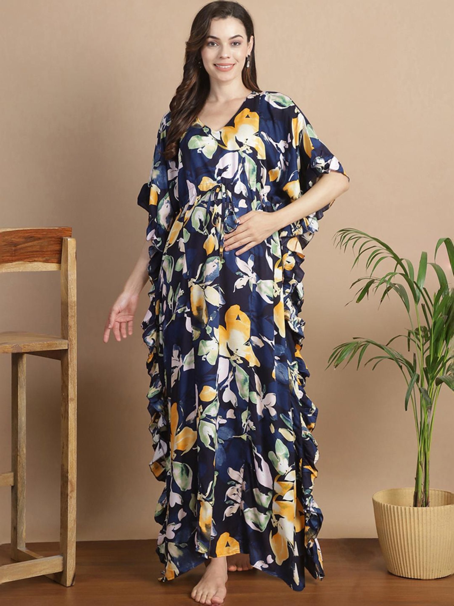 Secret Wish Navy Floral Print Kaftan