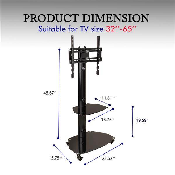 32-65" Corner Floor 2-Tier Shelves TV Stand Rolling Cart with Swivel Bracket Load Capacity110lb / 50kg