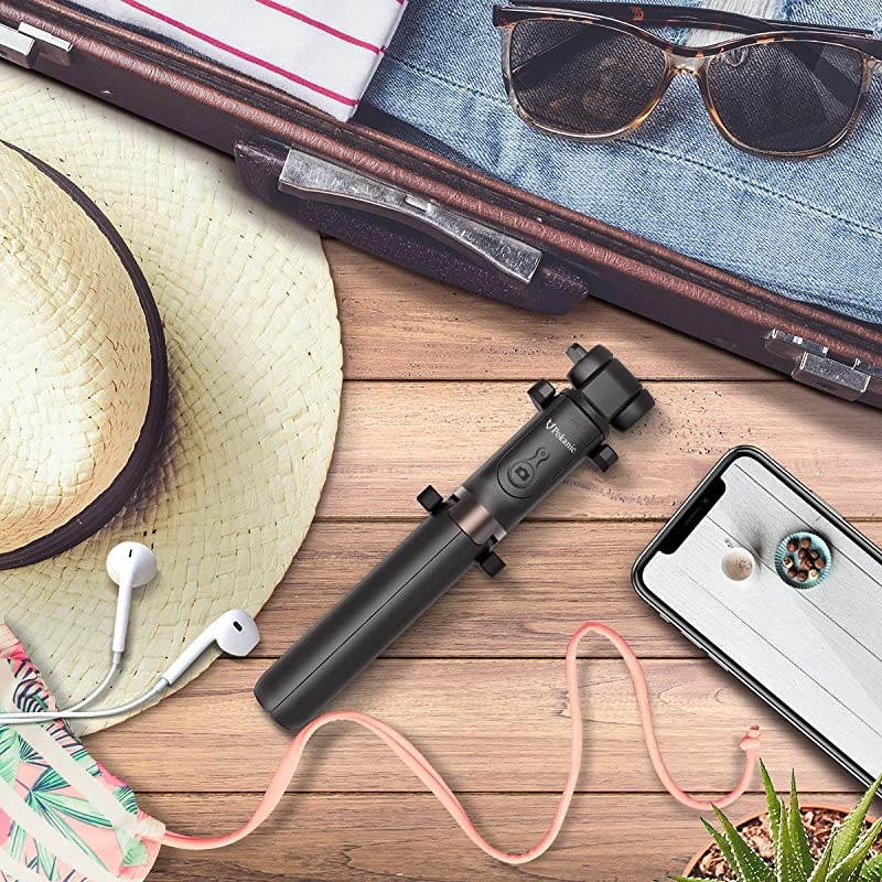 Selfie Stick Tripod with Bluetooth Wireless Remote Shutter Control Pouch Extendable Adjustable Stand Mount Light-Weight V-Log Compatible with All Apple iPhone, Samsung Galaxy (Black)